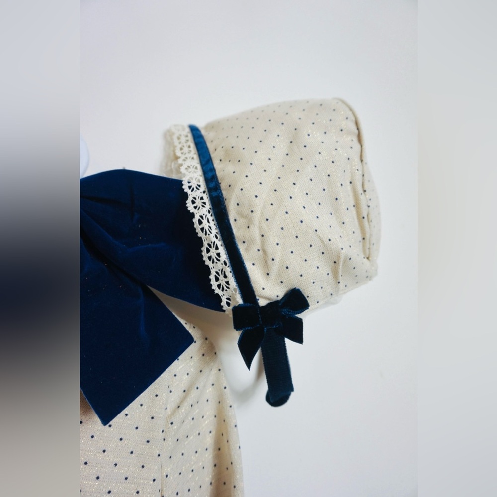 Navy and Cream Baby Dress with Bonnet - Picture 2 of 3